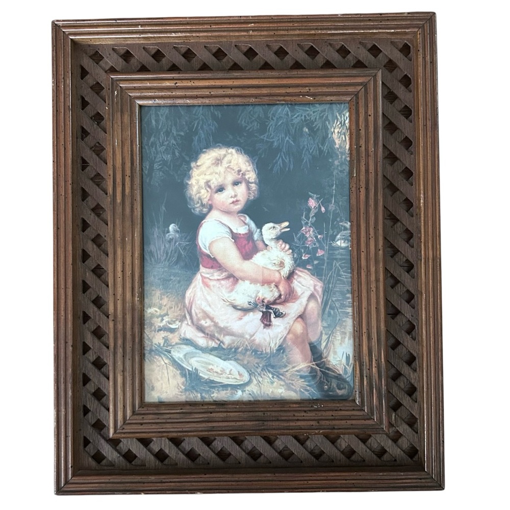 Vintage Ducklings Framed Picture by Frederick‎ Morgan Wooden Woven Frame 21”x17”